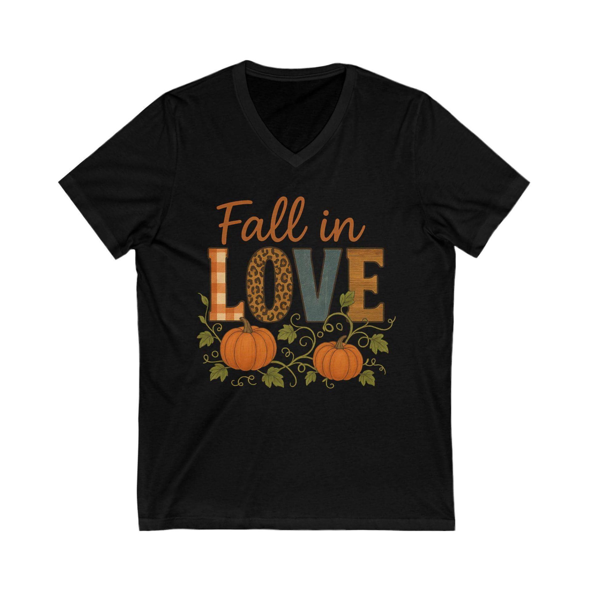 Black V-neck t-shirt with 'Fall in Love' text and pumpkins on a white background