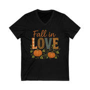 Black t-shirt with 'Fall in Love' text and pumpkins on a white background