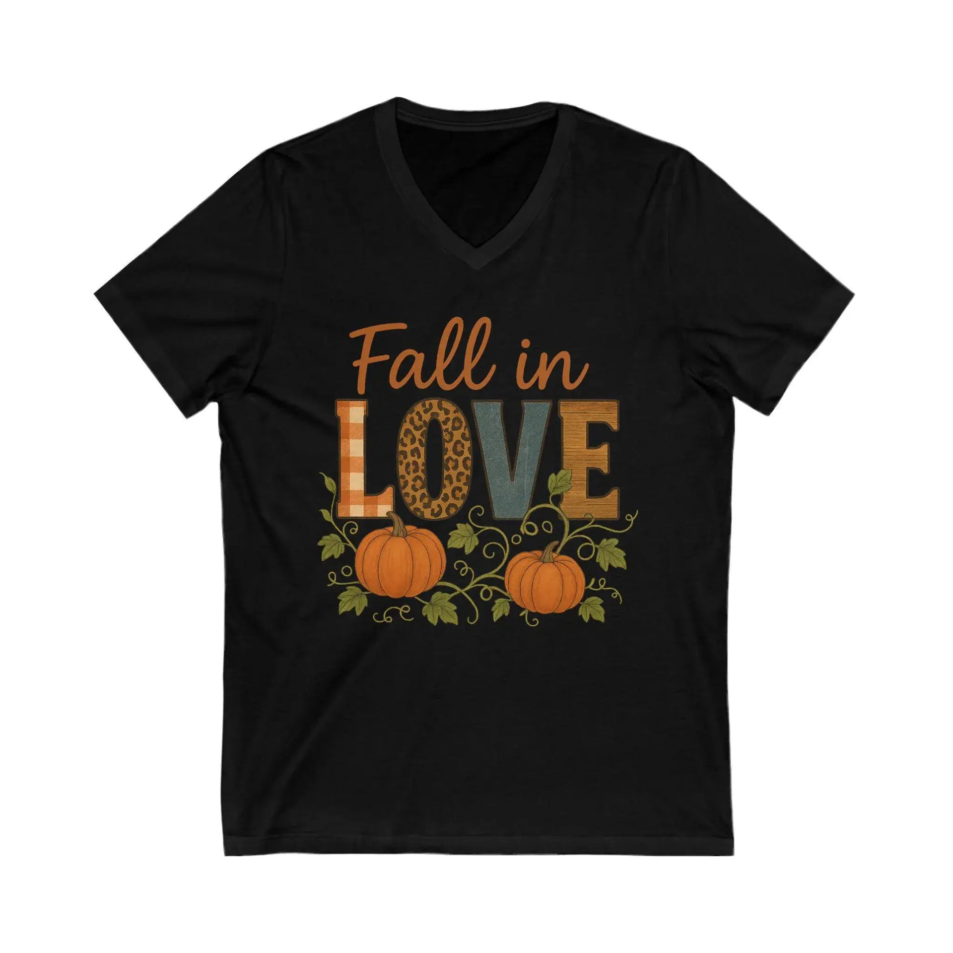 Black t-shirt with 'Fall in Love' text and pumpkins on a white background