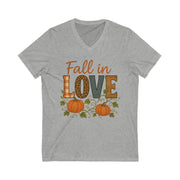 Gray V-neck t-shirt with 'Fall in Love' text and pumpkins on a white background