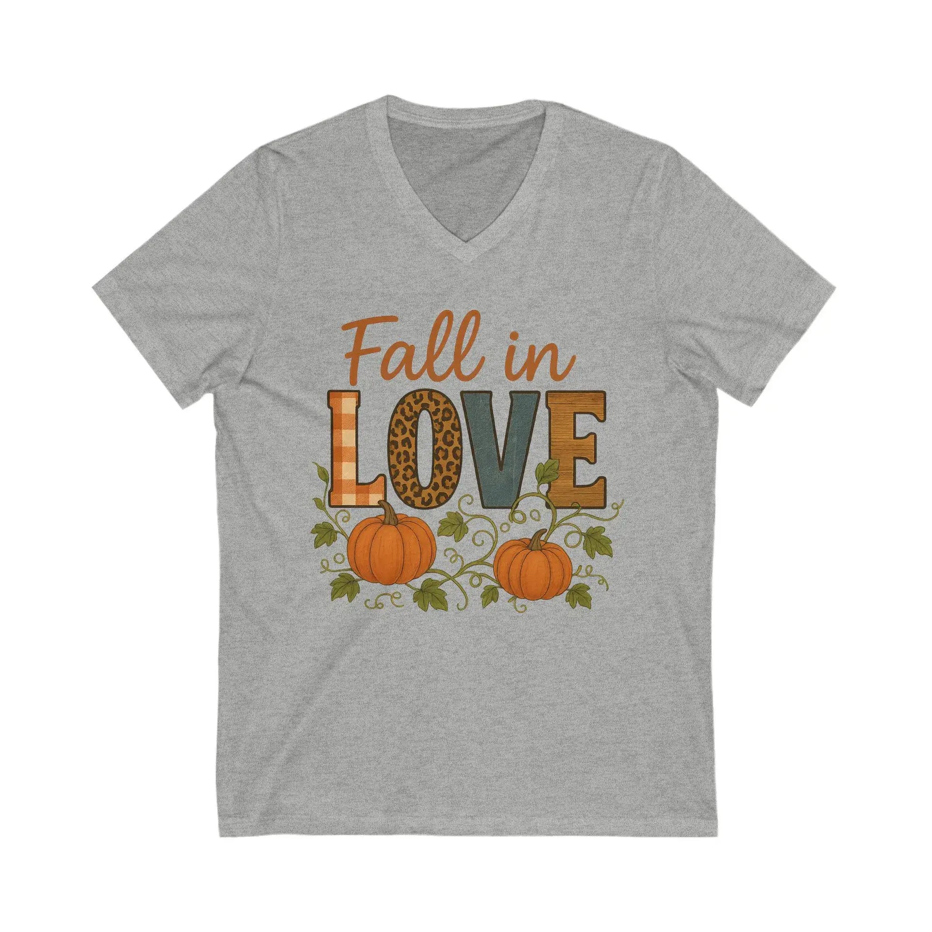 Gray V-neck t-shirt with 'Fall in Love' text and pumpkins on a white background