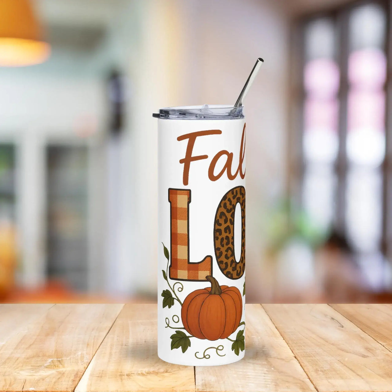 Fall in Love Pumpkin Tumbler | 20oz Stainless Steel Cup with Autumn Leaves & Buffalo Plaid
