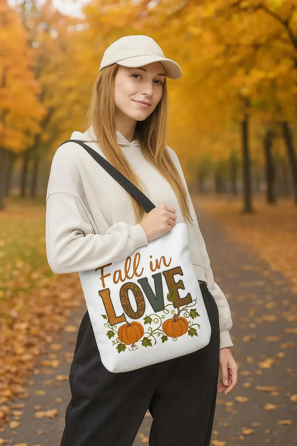 Woman holding a tote bag with 'Fall in Love' text and pumpkins in an autumn setting