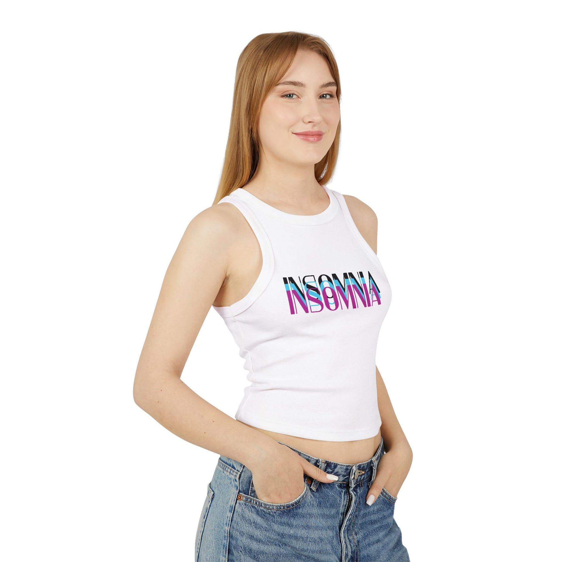 Woman wearing a white tank top with colorful text on a white background