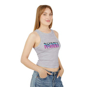 Woman wearing a gray sleeveless crop top with 'INSOMNIA' text on a white background