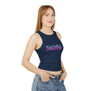 Woman wearing a navy blue tank top with colorful text on a white background