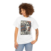 Woman wearing a white t-shirt with 'Mind Over Matter' design on a white background