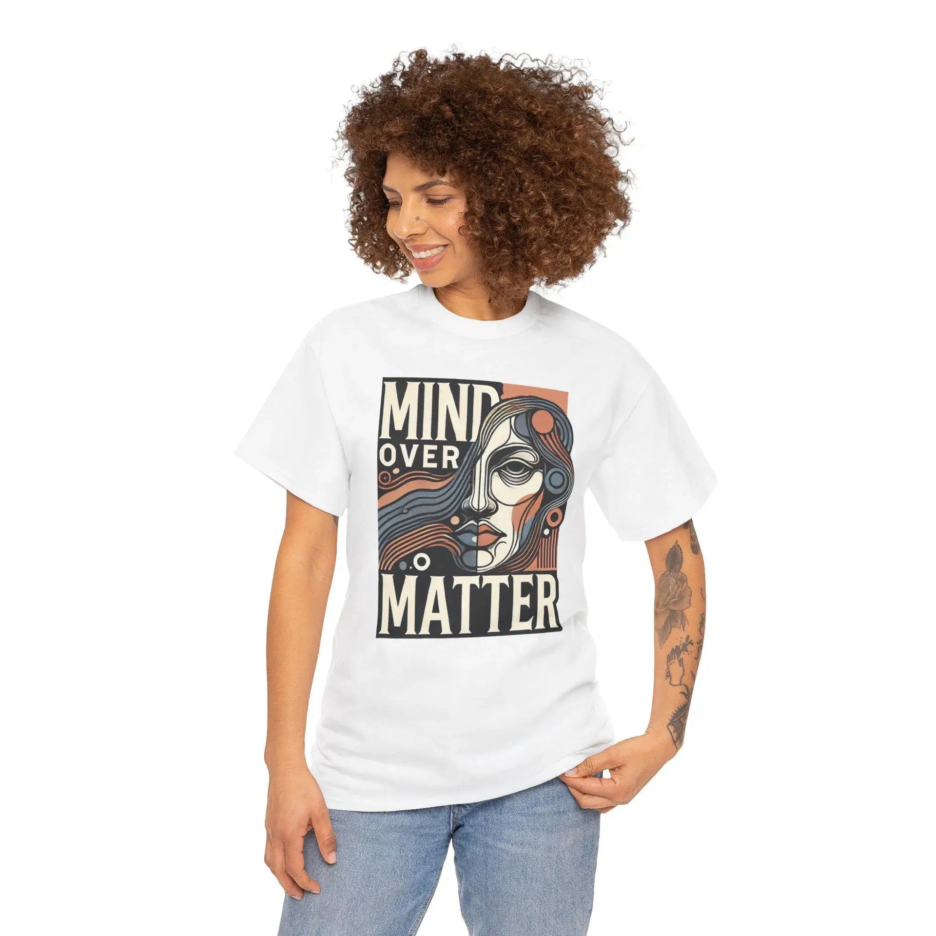 Woman wearing a white t-shirt with 'Mind Over Matter' design on a white background