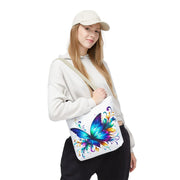 Rainbow Flutter Tote Bag worn on shoulder with black handles