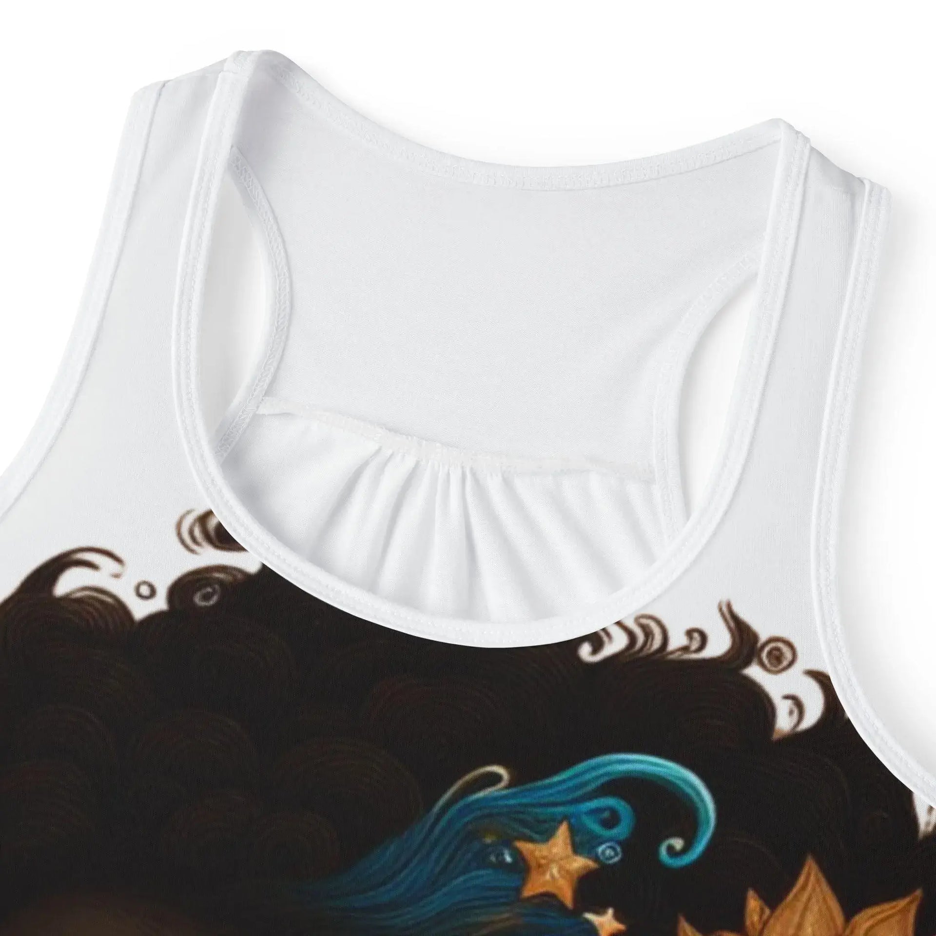 White tank top with a colorful mermaid design on a black background