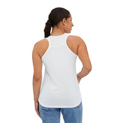 Woman wearing a white tank top and blue jeans on a white background