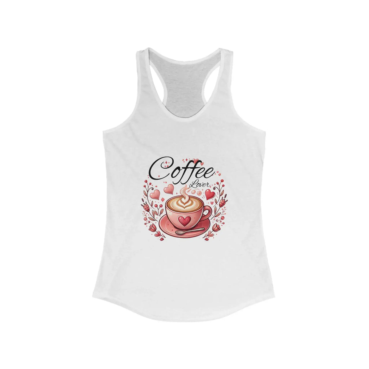 White tank top with 'Coffee Lover' design on a white background