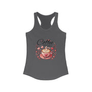 Gray tank top with a coffee-themed graphic on a white background