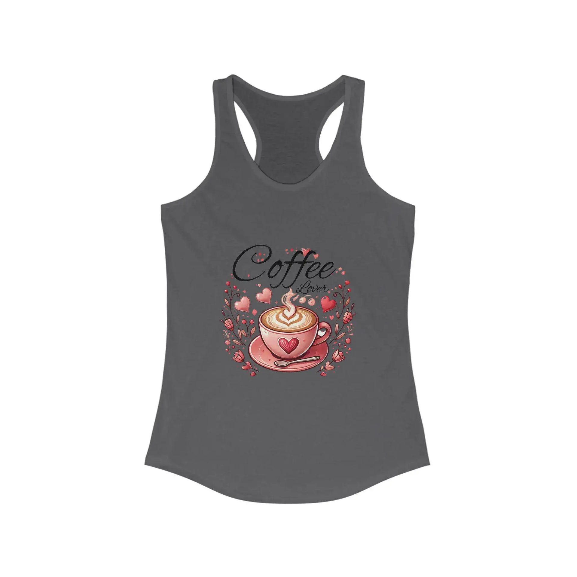 Gray tank top with a coffee-themed graphic on a white background