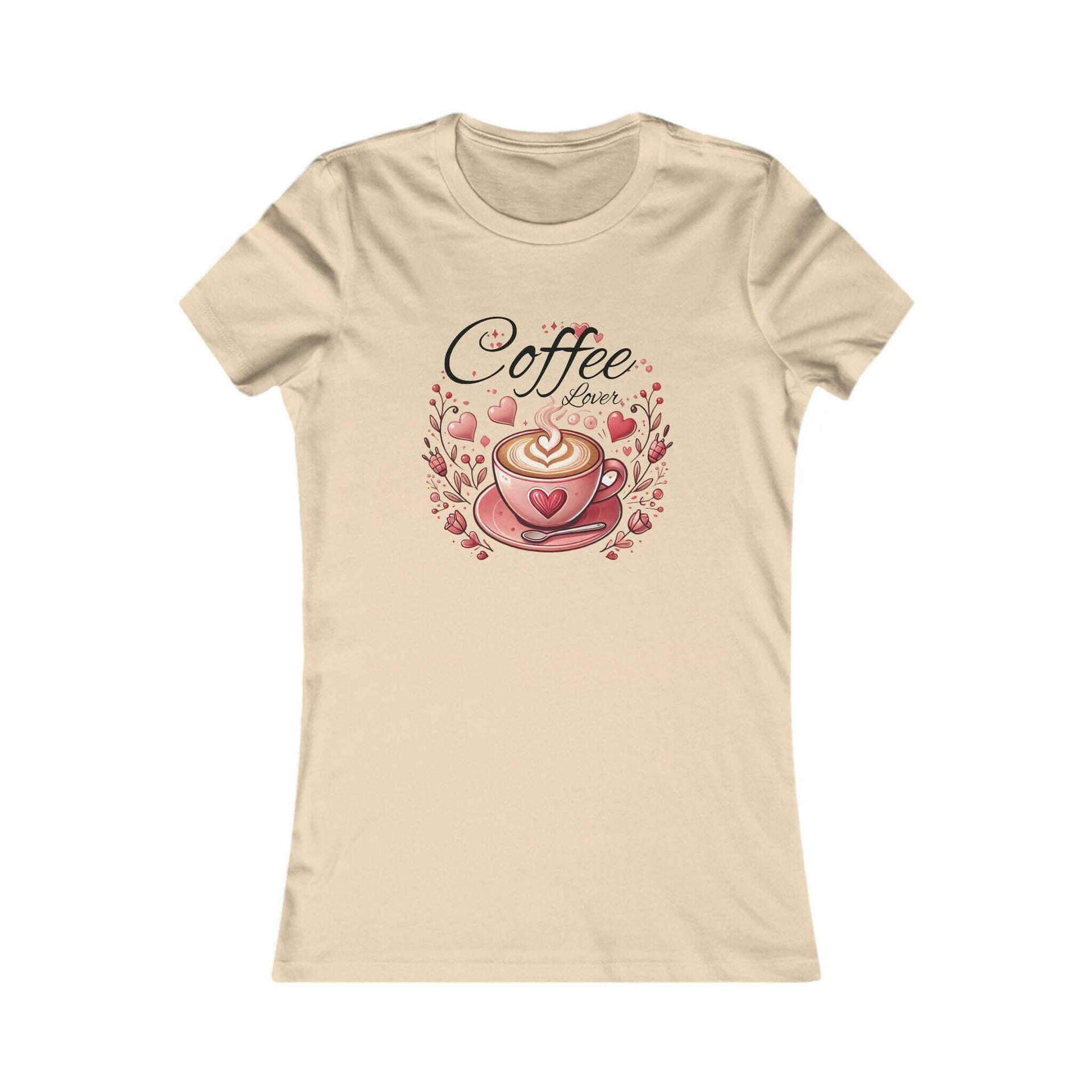 Beige t-shirt with a coffee-themed graphic and 'Coffee Lover' text on a white background