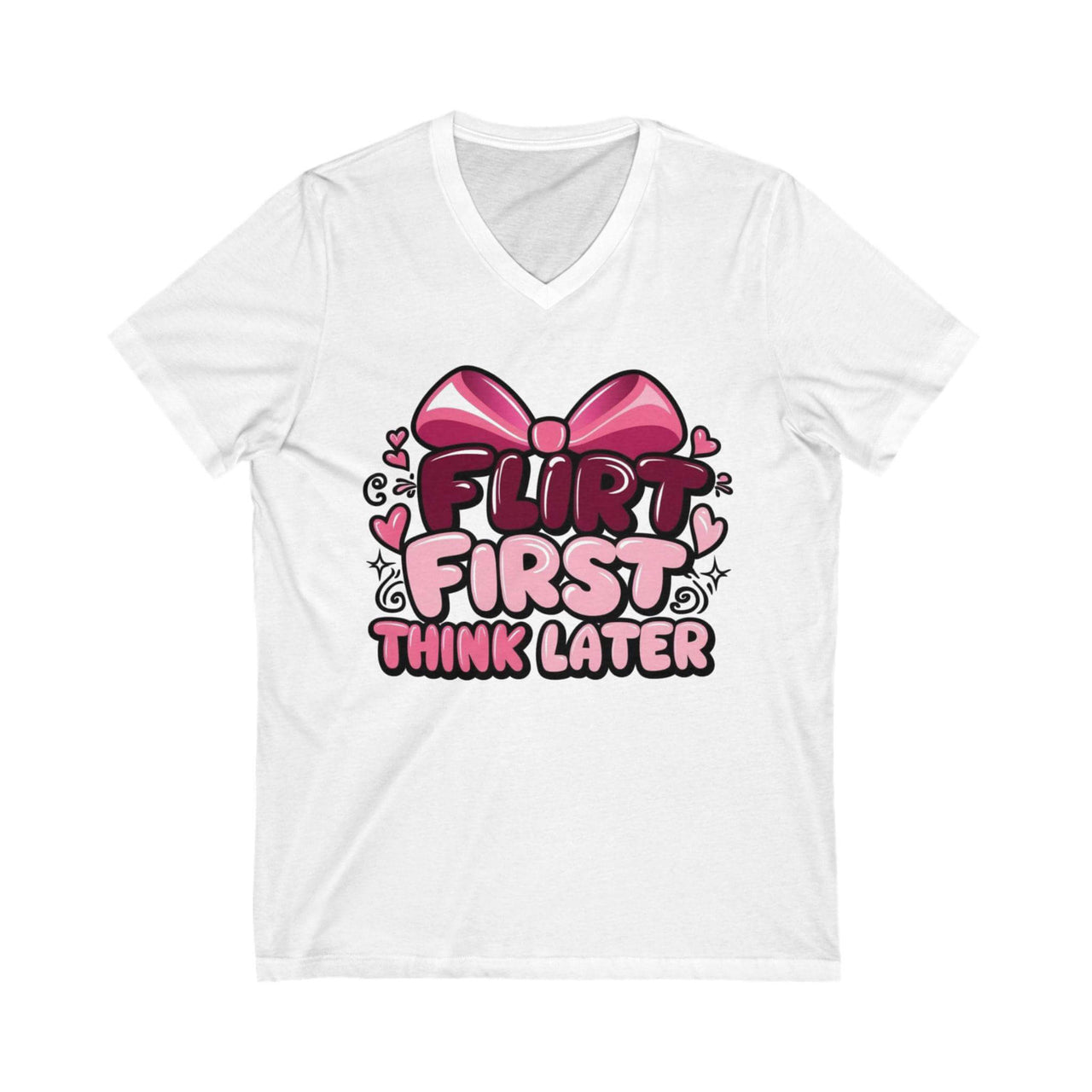 White t-shirt with pink bow and text design on a white background