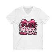 White t-shirt with pink bow and text design on a white background