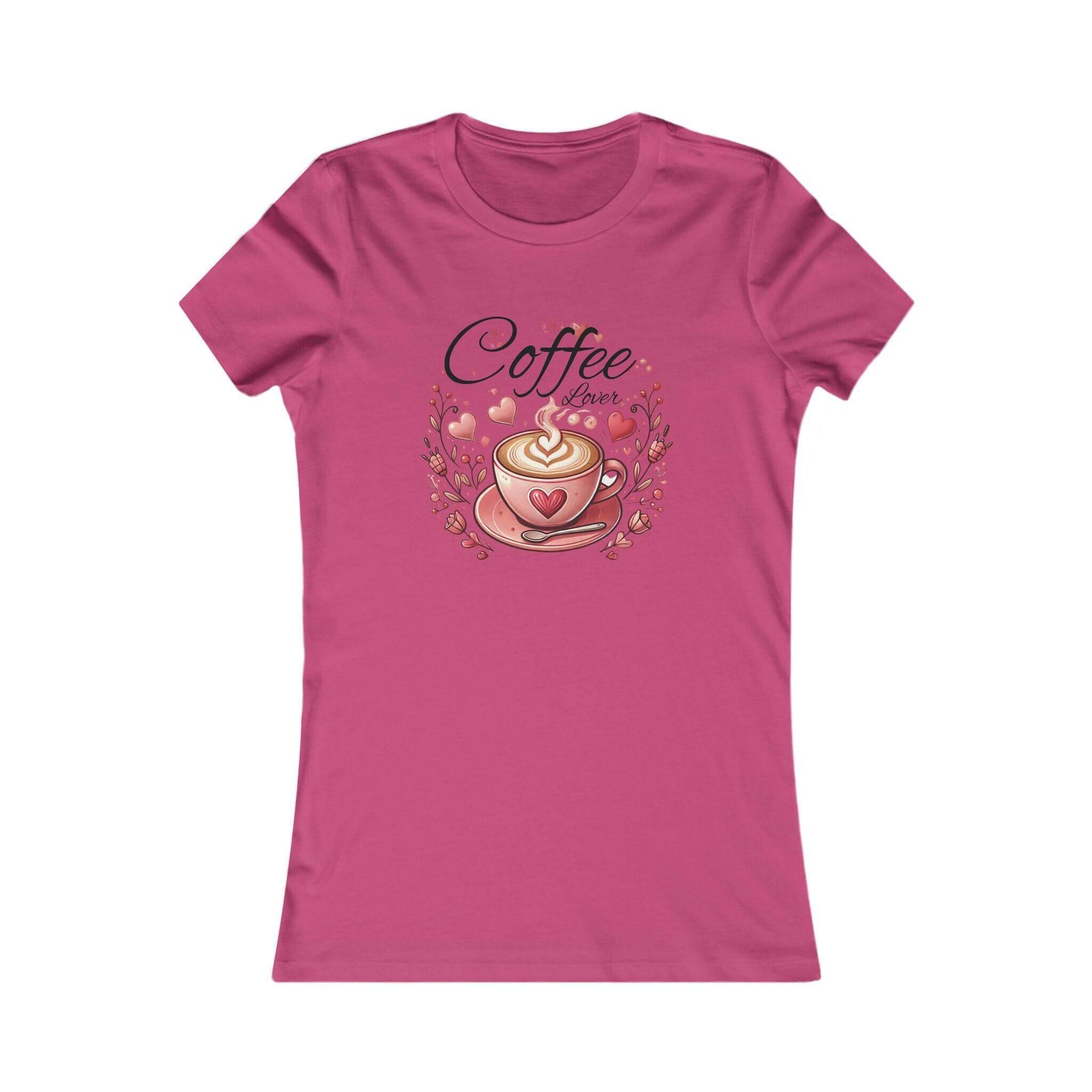 Pink t-shirt with a coffee-themed graphic and 'Coffee Lover' text on a white background