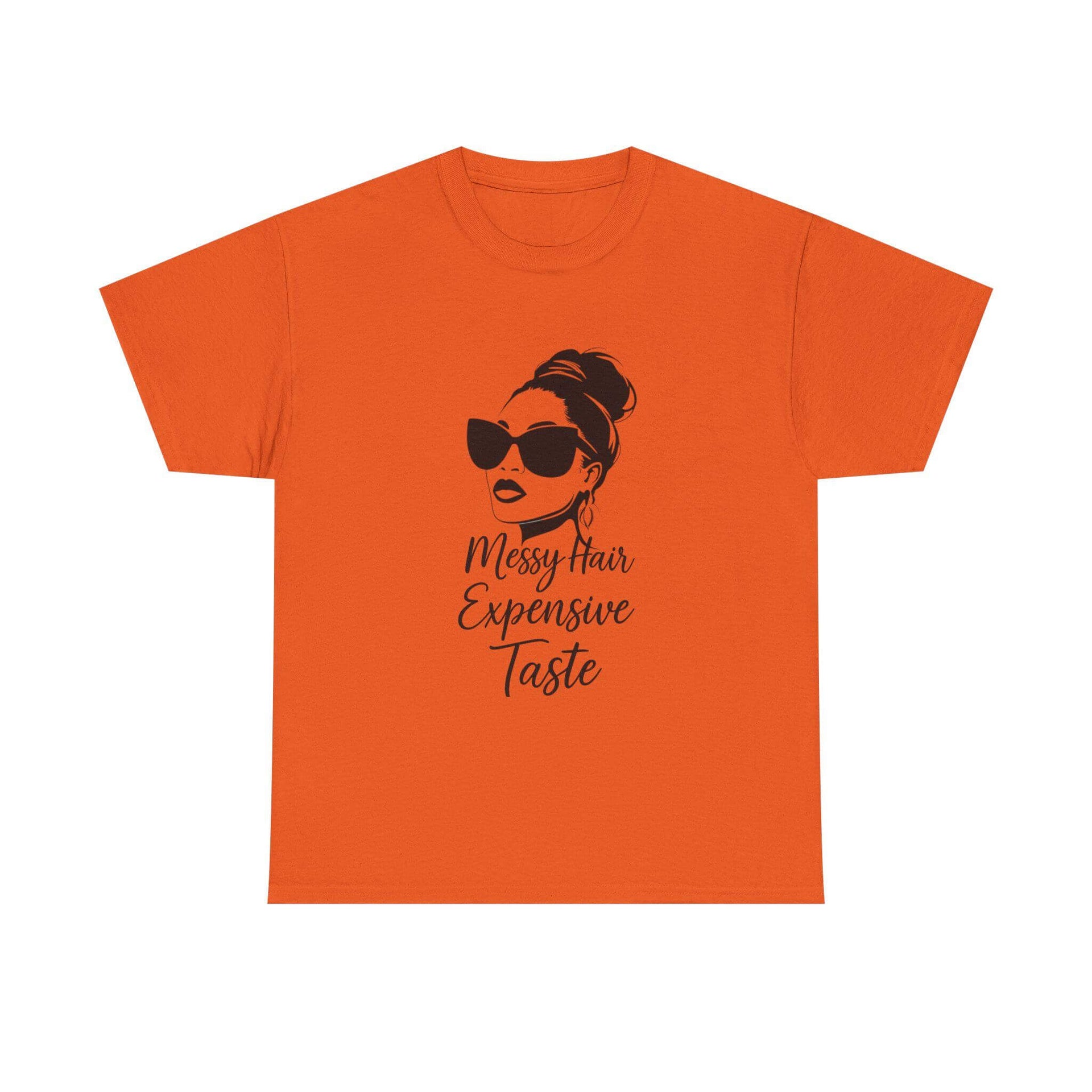 Orange t-shirt with a graphic of a woman's face and text on a white background