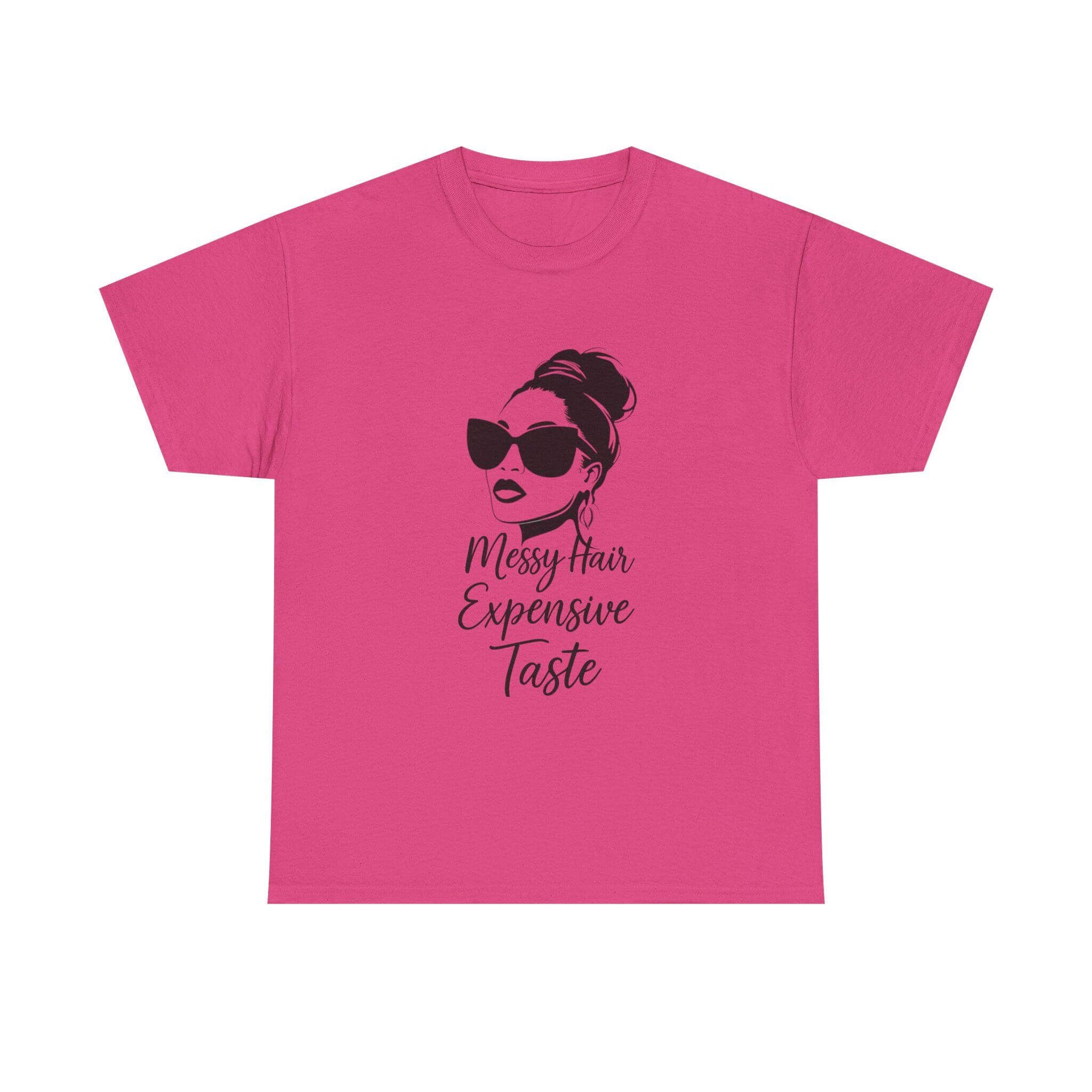 Pink t-shirt with a graphic of a woman with sunglasses and text on a white background