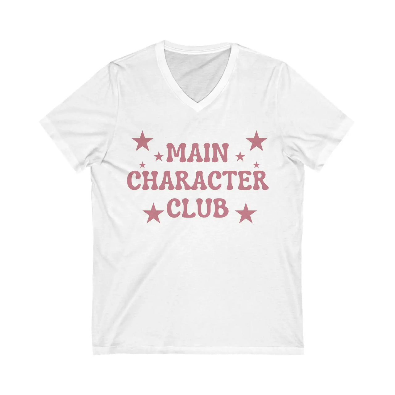 White t-shirt with 'Main Character Club' text and stars on a white background
