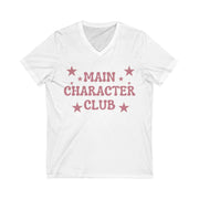 White t-shirt with 'Main Character Club' text and stars on a white background