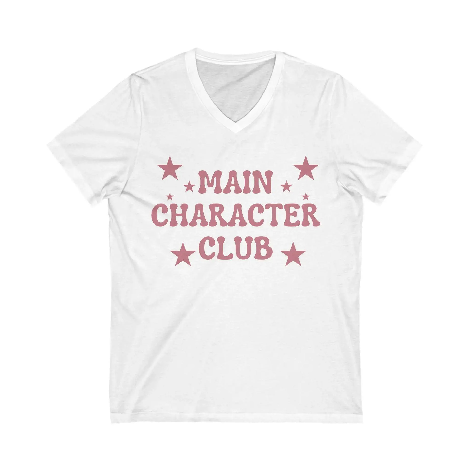 White t-shirt with 'Main Character Club' text and stars on a white background