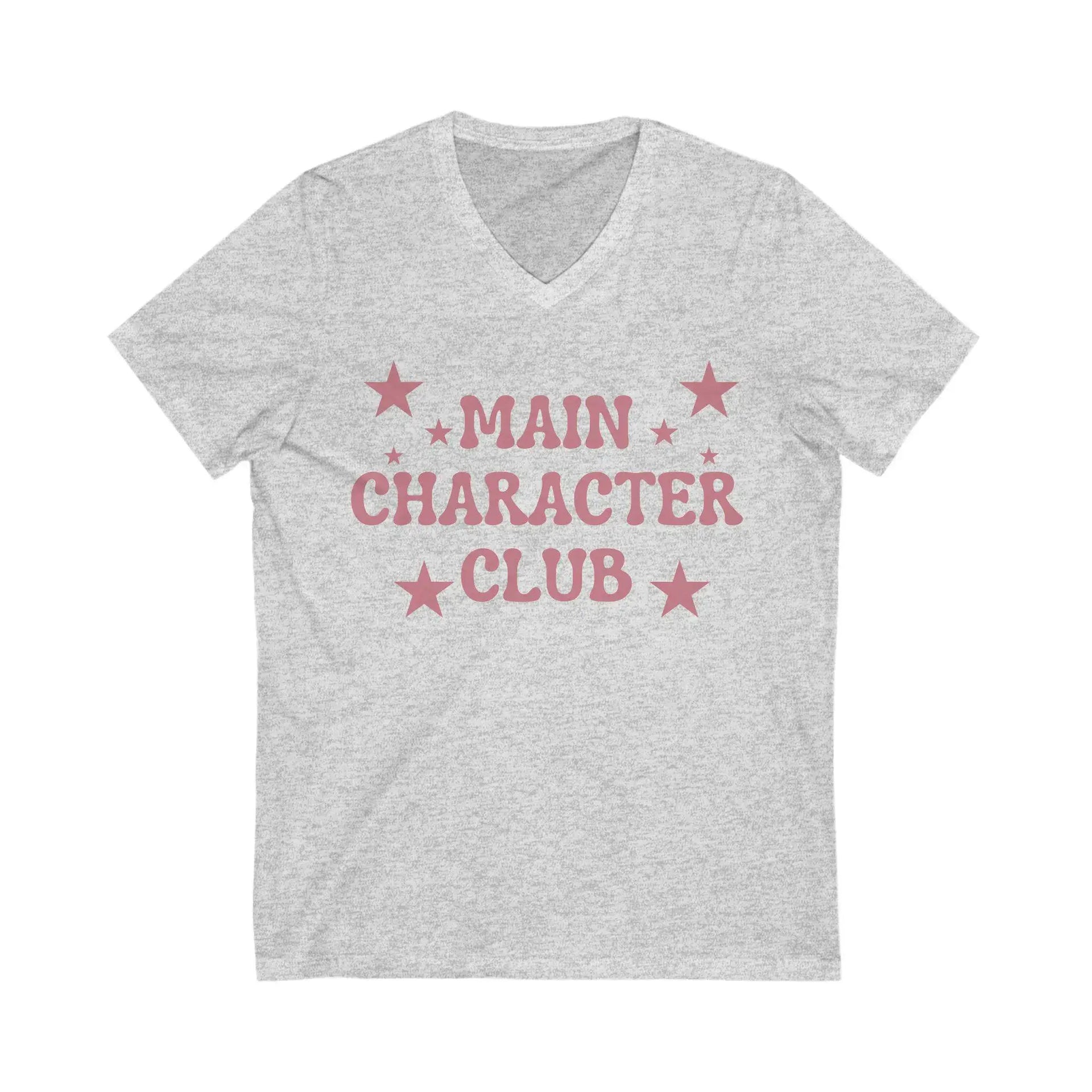 Gray t-shirt with 'Main Character Club' text and stars on a white background