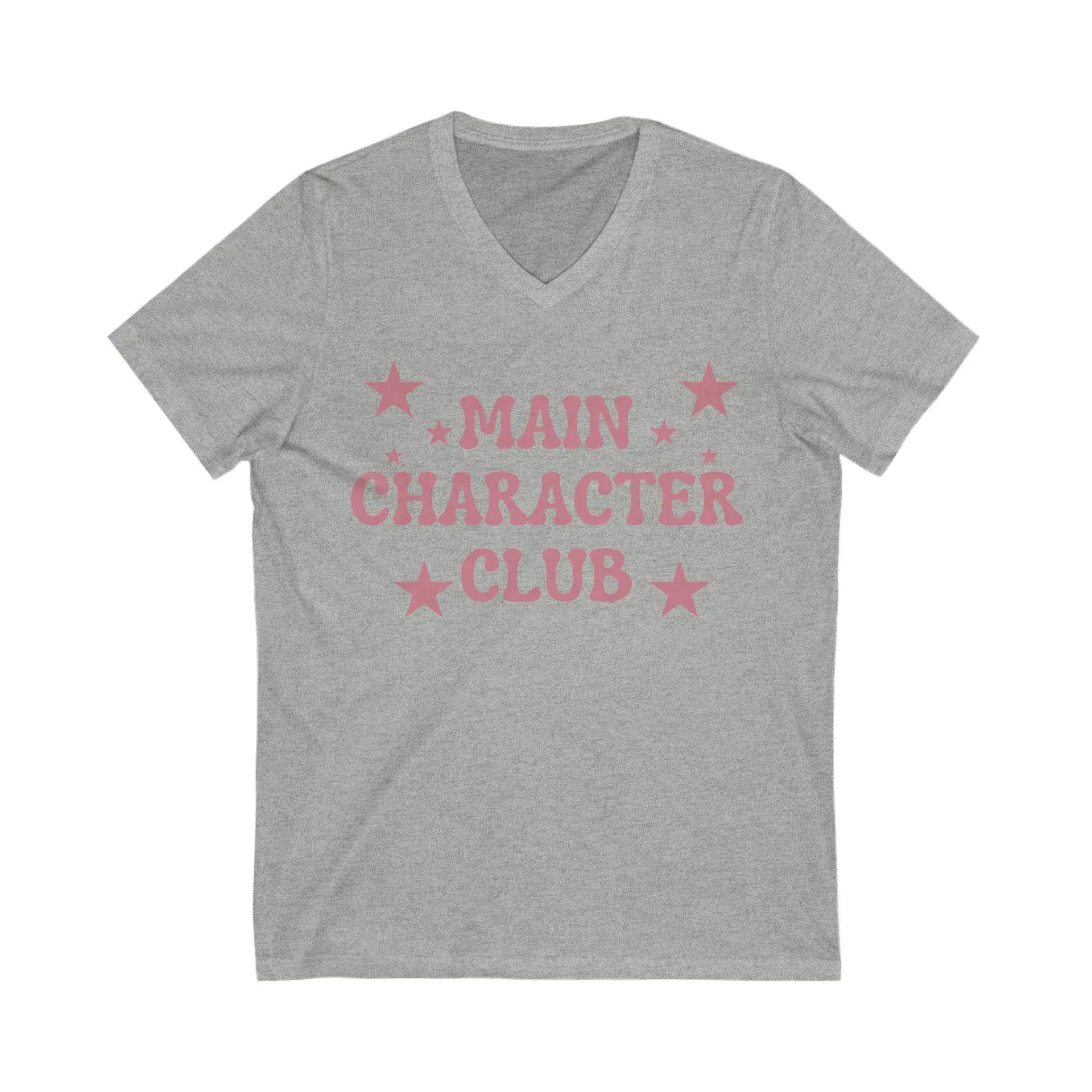 Gray t-shirt with 'Main Character Club' text and stars on a white background