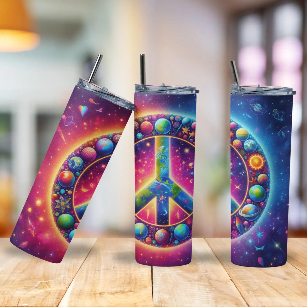 Cosmic Peace Sign Tumbler | 20oz Stainless Steel Cup with Vibrant Galaxy Planets