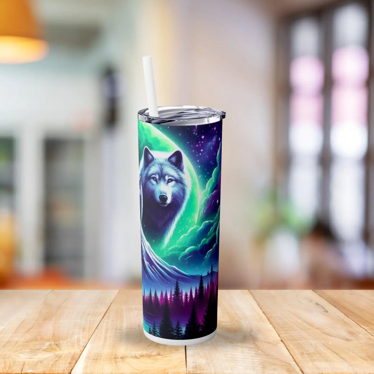 Mystic Wolf Galaxy Tumbler | 20oz Stainless Steel Cup with Aurora Night Sky & Forest