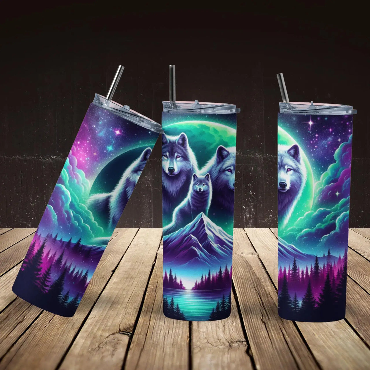 Mystic Wolf Galaxy Tumbler | 20oz Stainless Steel Cup with Aurora Night Sky & Forest