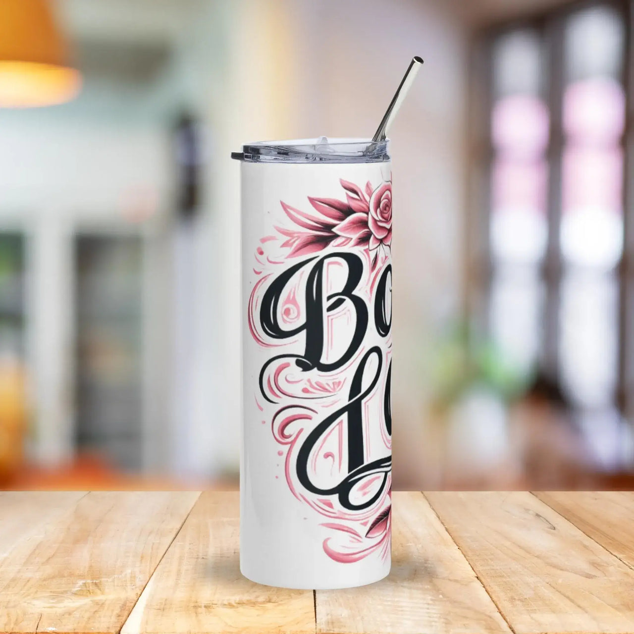 Boss Lady Rose Tumbler | 20oz Stainless Steel Cup with Elegant Pink Floral Script