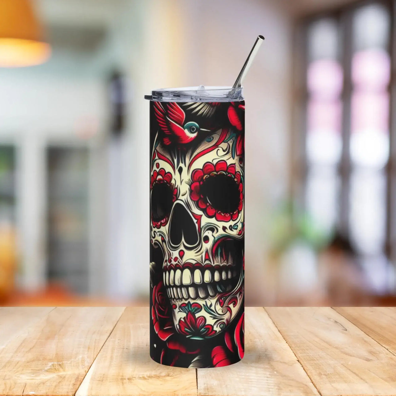 Sugar Skull & Roses Tumbler | 20oz Stainless Steel Cup with Vibrant Day of the Dead Design