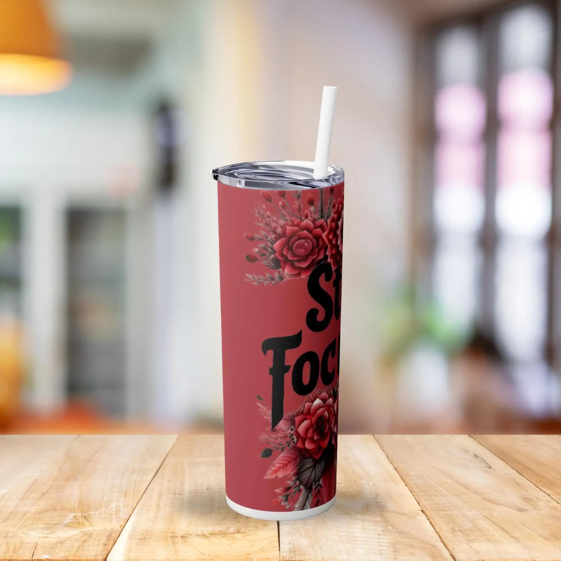20oz Stay Focused tumbler – stainless steel motivational travel cup with bold red flowers and pink background