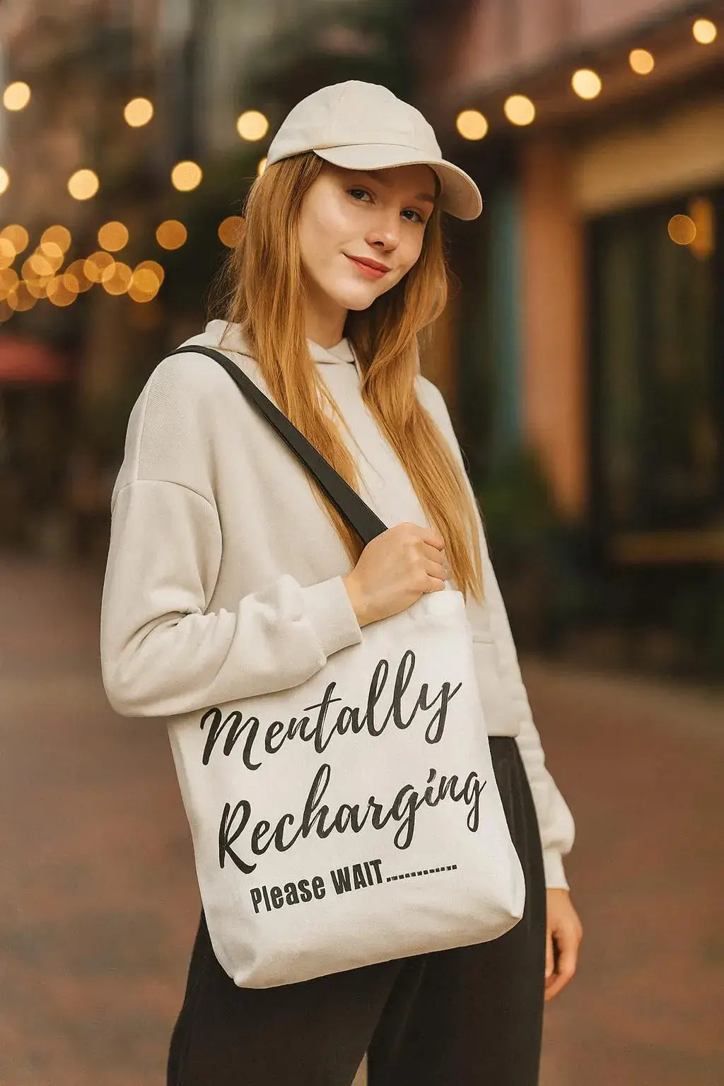 Woman holding a tote bag with text 'Mentally Recharging Please WAIT' in an outdoor setting.