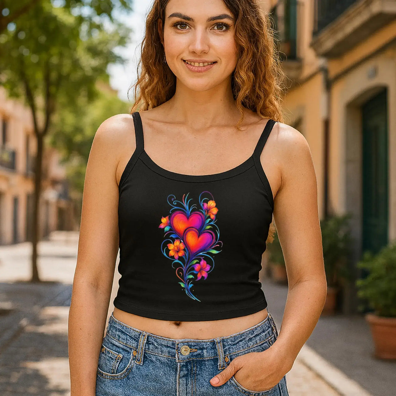 Woman wearing a black tank top with colorful heart design on a street.