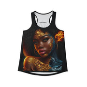Tank top with a colorful design of a woman's face on a white background