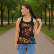 Woman wearing a tank top with a graphic design of a woman's face in a park.