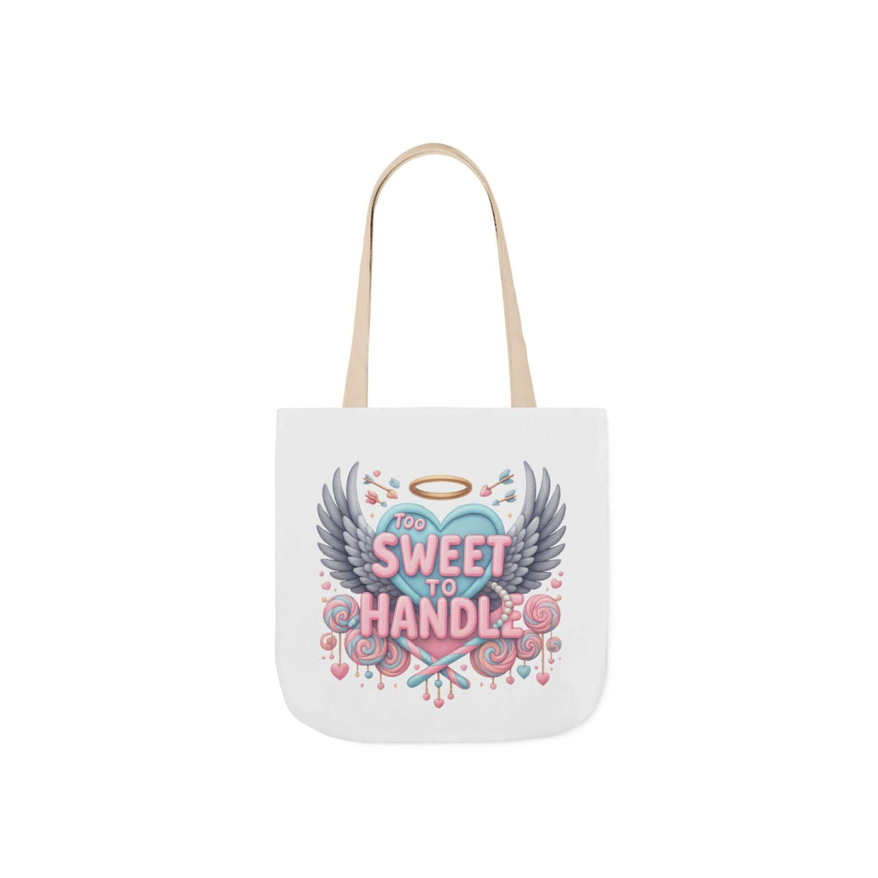 White tote bag with colorful design and text on a white background