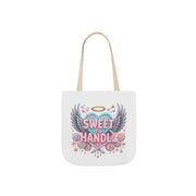 White tote bag with colorful design and text on a white background