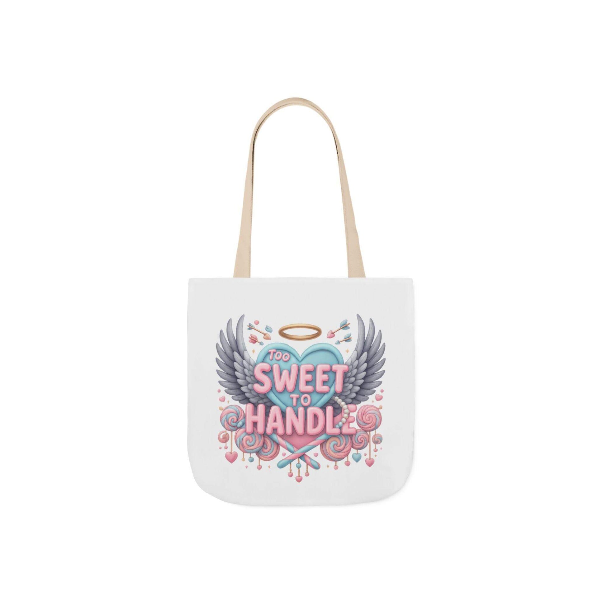 White tote bag with colorful design and text on a white background