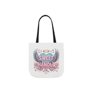 Tote bag with heart design and text 'Too Sweet to Handle' on a white background