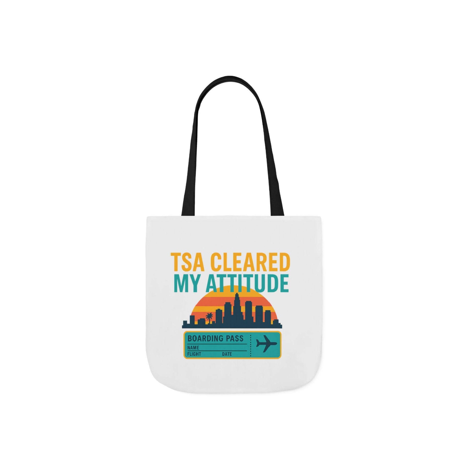 White tote bag with 'TSA Cleared My Attitude' text and graphics on a white background