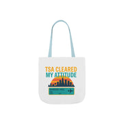 White tote bag with 'TSA Cleared My Attitude' text and graphics on a white background