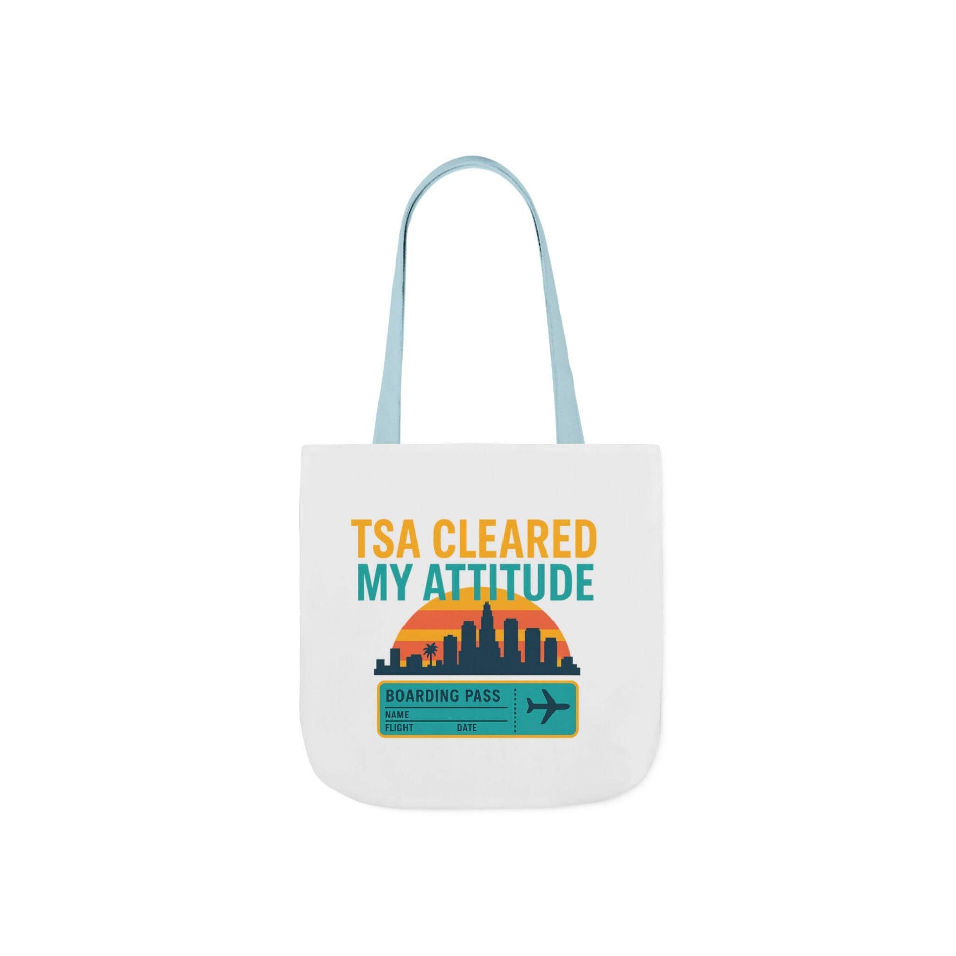 White tote bag with 'TSA Cleared My Attitude' text and graphics on a white background