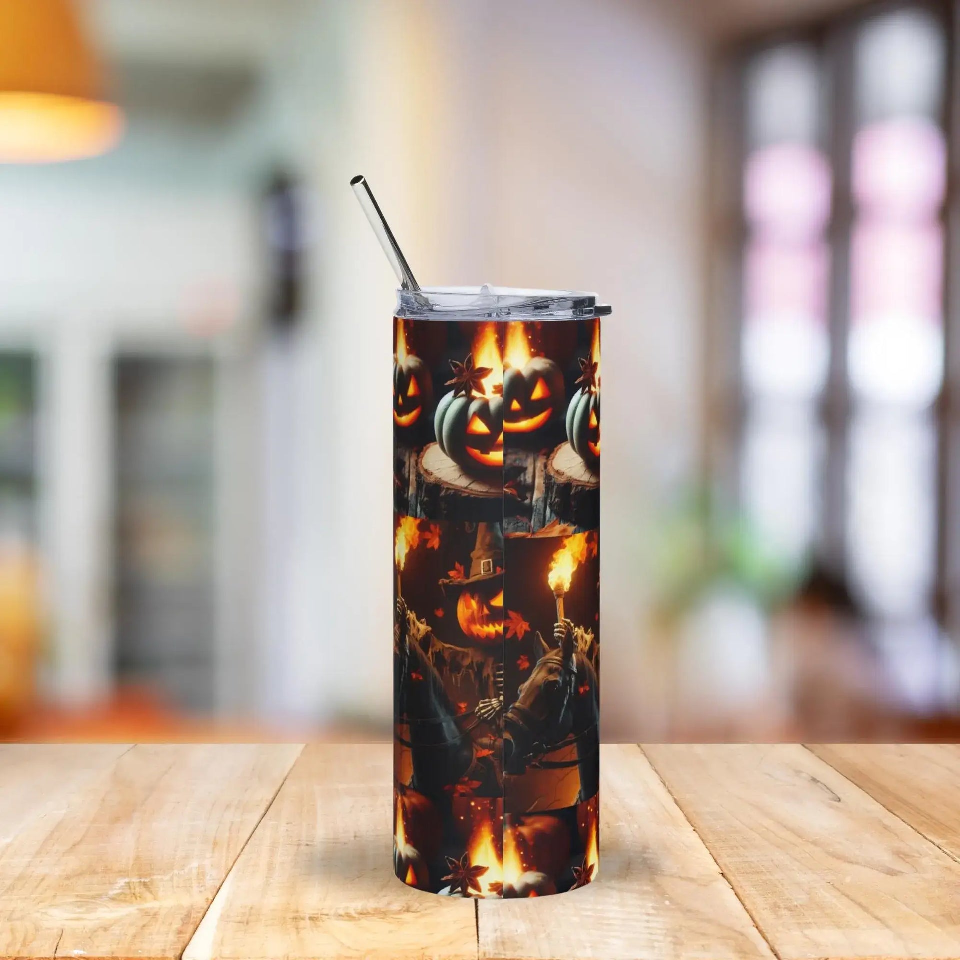 Tumbler with Halloween design on a wooden table