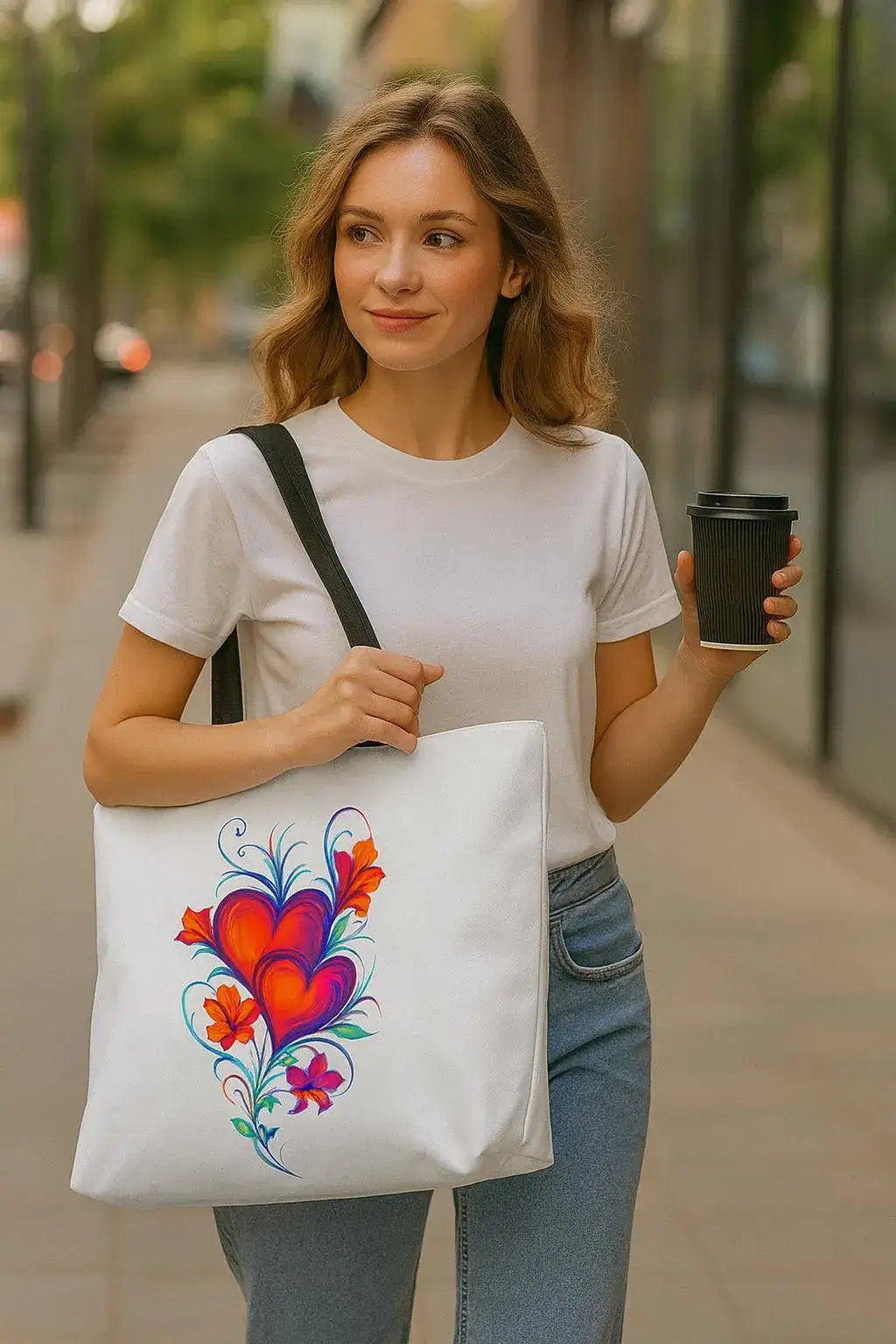 Woman holding a white tote bag with colorful heart design and a black coffee cup.