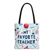 Tote bag with 'My Favorite Teacher' text and educational icons on a white background