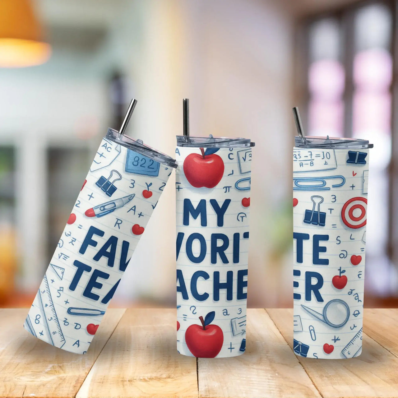 Three tumblers with educational-themed designs on a wooden surface.